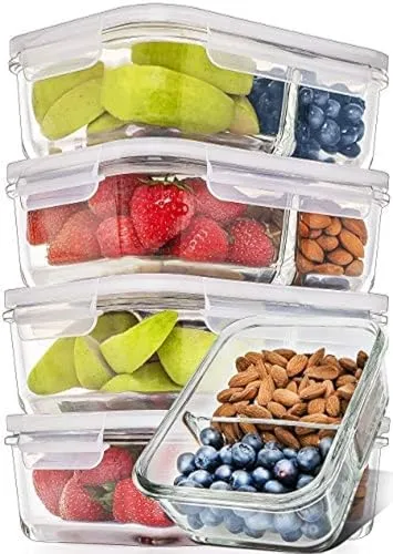Frischhaltedosen Glas mit Deckel - 5er Pack Meal Prep Boxen mit 2 Fächern - Vorratsdosen-Sets, umweltfreundliches Borosilikatglas, perfekt für Portionskontrolle und Meal Prep, spülmaschinen-, mikrowellen- und gefrierschrankfest.