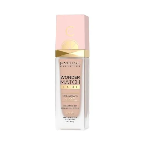 Eveline Cosmetics Wonder Match Lumi Foundation LSF 20 – Feuchtigkeitsspendende, ausgleichende Make-up-Formel mit Vit. C, Hyaluronsäure & Rosenextrakt – Strahlenden Glow & ebenmäßigen Teint