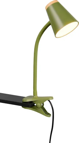 Reality Leuchten LED Klemmleuchte Pongo R25831115 - Klemmleuchte in Grün mit Holznachbildung, flexibler Arm für präzise Lichtausrichtung, ideal für Arbeitsplätze oder als Leseleuchte, inklusive 4,5 Watt LED für energieeffiziente Beleuchtung.
