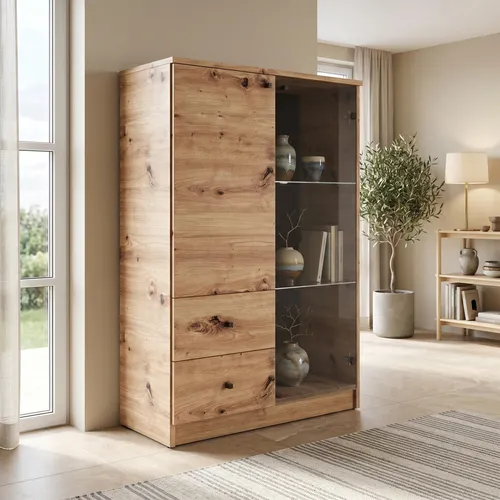 Masseno Kommode NATURIO 80 cm – Modernes Sideboard mit 2 Schubladen und 1 Tür