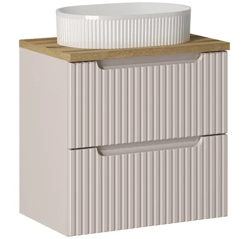 Lomadox Waschtisch NEWPORT-56-CASHMERE, 60cm - Waschtisch mit Keramikwaschbecken in kaschmir und Eiche, ideal für kleine Badezimmer dank kompakter Bauweise und eleganter, gerillter Front.