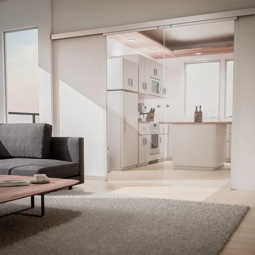 inova wohnen Doppelschiebetür Klarglas, Komplett Set mit Softclose-Funktion - Moderne Schiebetür aus 8 mm Sicherheitsglas, ideal für feuchte Räume. Mit hochwertigem Schienensystem und sanfter Softclose-Funktion für ruhiges Schließen.