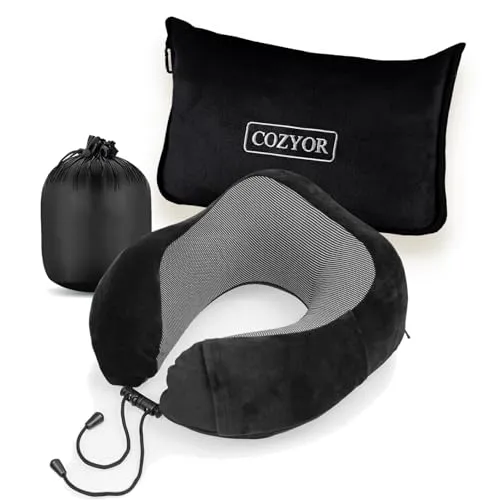 Cozyor 2-teiliges Reiseset: Nackenkissen & Reisedecke 2 in 1 - Praktisches Reiseset mit Nackenkissen aus hochwertigem Memory-Schaum und flauschiger Reisedecke. Ultraleicht und kompakt, ideal für Reisen – inklusive smarter Kofferbefestigung.