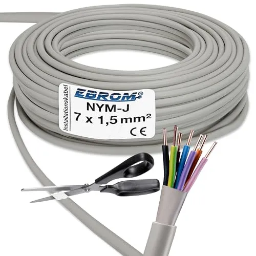 EBROM NYM-J 7x1,5 mm² Installationskabel, Mantel GRAU, 7 Litzen FARBIG 25 m