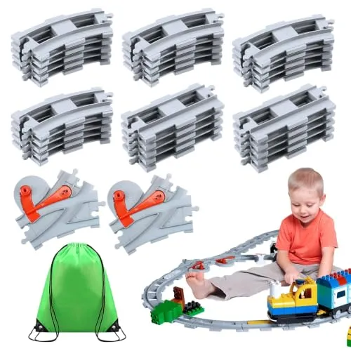 lompyeu 32 Teile Bausteine Zug Schienen Set, Spielzeug Eisenbahn | Zug Schienen Set aus Cross Track Gerade, Kurven Schienen und Aufbewahrungstasche,Spielzeug ab 3 jahre Kleinkinder，Hellgrau