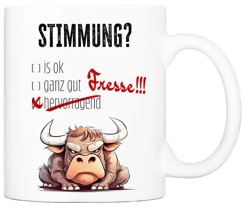 Cadouri Tasse mit Spruch STIMMUNG? Kaffeetasse Büro Arbeit, Geschenk, Keramik, Kaffeebecher, Geschenkidee Arbeitskollege, lustig, Humor, 330 ml