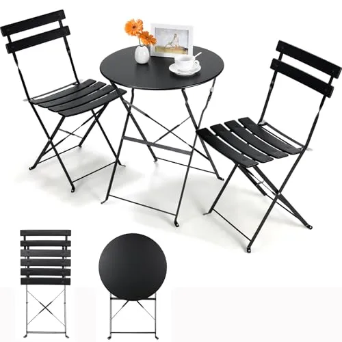 LIFERUN Balkonmöbel Set 3 teilig, Balkonset 2 Klappstuhl 1 Klapptisch, Bistro Gartenmöbel Set, Klappbare Balkon Set Metall, Balkonmöbel Klappbar für Balkon,Terrasse und Garten, Schwarz