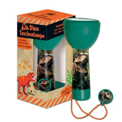 moses. Dino Taschenlampe, kompakte und robuste Kindertaschenlampe mit 4 LEDs, wiederaufladbare Akku Taschenlampe mit Dinosaurier Anhänger, Geschenk für Kinder ab 4 Jahren