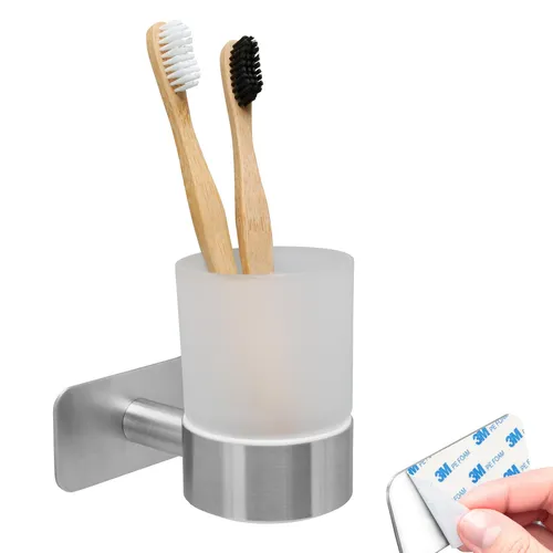 bremermann Zahnputzbecher PIAZZA TAPE - mit Klebepad, aus Glas und Edelstahl - Zahnputzbecher aus satiniertem Glas und rostfreiem Edelstahl, kinderleichte Montage ohne Bohren dank innovativer Klebetechnik – ideal für mehr Ordnung am Waschbecken!