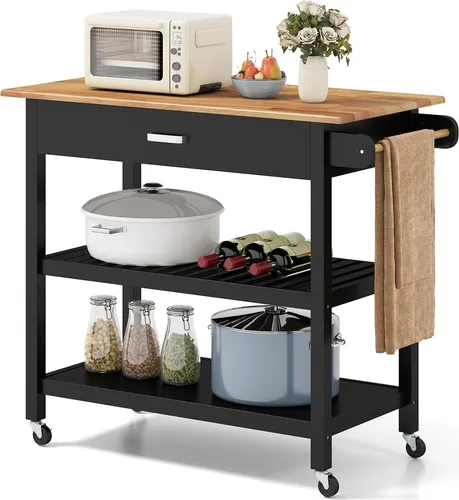 GOPLUS Küchenwagen mit Rollen – 3-stöckiger Servierwagen mit Schublade