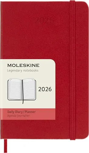 Moleskine Tagesplaner, Tagesagenda 2026 12 Monate, Mit Festem Einband und Elastischem Verschluss, Pocket-Format 9x14, Farbe Rot