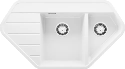PRIMAGRAN Eckspüle Weiß 90x50cm, Granitspüle 1,5 Becken + Ablauf-Set, Küchenspüle ab 70er Unterschrank - Kopenhagen Corner S002