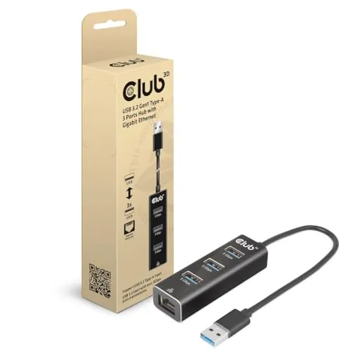 Club3D Adapter USB 3.2 Typ A > 3x USB 3.2 Typ A/LAN - USB-Hub mit 3x USB 3.2 Anschlüssen und LAN, ideal für erweiterte Konnektivität und schnelle Datenübertragung.