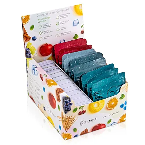 WUNDER Zahnstocher Display - 24 erfrischende Geschmacksrichtungen - Vielfältige Auswahl an Geschmäckern in einem praktischen Display. Ideal für Partys oder als besondere Beigabe. 100% handgemacht und in ansprechenden Metalldosen verpackt.