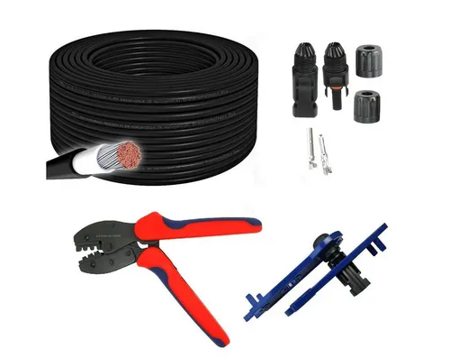 100m Solarkabel 4 mm² H1Z2Z2-K mit Crimpzange und 10 Paar Solarsteckern - Solarenergie-Zubehör für professionelle Anwendungen, langlebig und wetterfest, ideal für Innen- und Außeneinsätze.