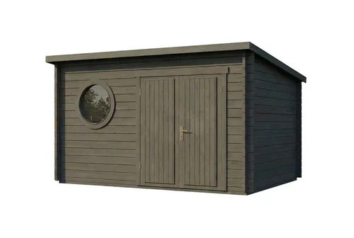 Alpholz Gartenhaus Holz Maria-Rondo 44 B - Modernes Gerätehaus mit Rundfenster - Das Alpholz Gartenhaus Maria-Rondo B überzeugt mit 44 mm Wandstärke und einem großen Rundfenster, das für viel Tageslicht sorgt. Ideal als Gerätehaus oder kreativer Rückzugsort. Außenmaß: 400 x 320 cm.