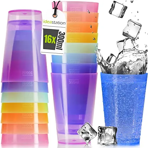 idea-station Mehrweg Plastikbecher 16 x 300 ml - bunt - wiederverwendbare Kunststoffbecher - bruchsichere Party Becher aus Plastik - Partybecher aus Hartplastik