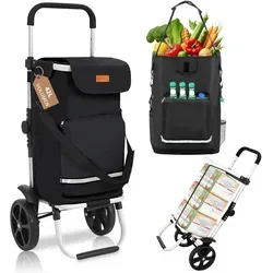 Sekey Stabiler Klappbarer Einkaufstrolley mit Spanngurt, Faltbarer Einkaufswagen inkl. Kühlfach & Getränkefach, 3-in-1 Trolley, Sackkarre & Umhängetasche, Ideal für Camping und Einkäufe, Schwarz