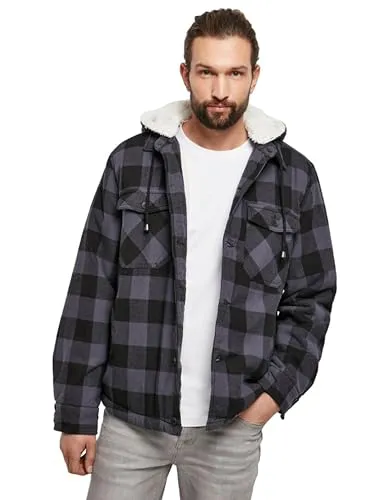 Brandit Lumber Jacket Hooded - Wattierte Flanelljacke in Schwarz/Grau, Größe S - Funktionsjacken mit abtrennbarer Kapuze, warmem Teddyfell und praktischen Taschen, ideal für kalte Tage.