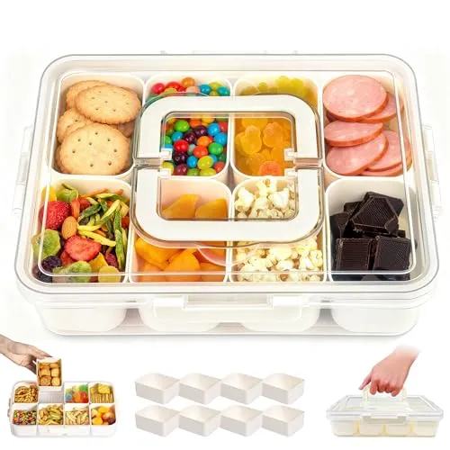 Snackbox mit 8 Fächern, Snackteller aus PP mit Deckel und Griff, BPA Frei, Spülmaschinenfest - Snackdose Organizer für Süßigkeiten, Nüsse, Obst, Kekse, Gemüse, Snackschale für Party, Picknick, Reisen