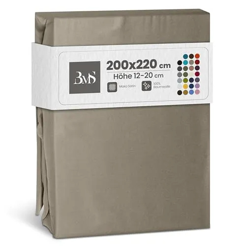 Bettwaesche-mit-Stil Mako Satin Spannbettlaken Spannlaken Spannbetttuch (200 cm x 220 cm, Matratzenhhöhe 12-20cm, braun/Taupe)