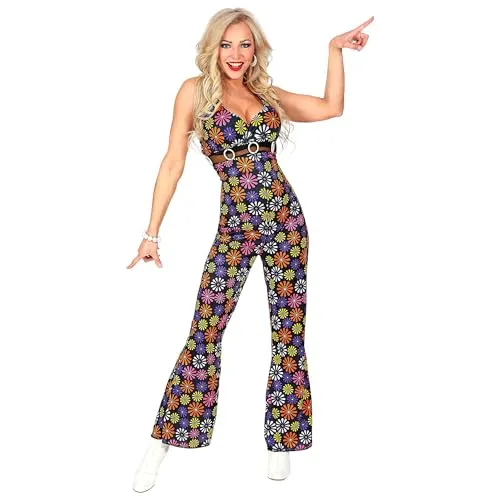 W WIDMANN MILANO 70er Jahre Disco Outfit - Kostüm-Outfits für Erwachsene mit einem verführerischen Overall im bunten Blumenmuster, perfekt für Karneval und Motto-Partys. Erhältlich in Größe L.