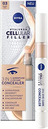 Produktbild NIVEA Hyaluron Cellular Filler 3IN1 Augenpflege Concealer Dunkel (4 ml), Anti-Age Concealer mit Hyaluron, Abdeckstift für Augenringe, Rötungen und Pickel