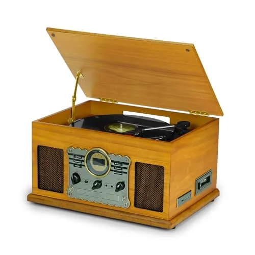 Plattenspieler 10-in-1 Vinyl Turntable Vintage Holz mit Bluetooth, DAB+/UKW-Radio, CD/MP3-Player, Kassette, USB/SD-Aufnahme & Stereo-Lautsprecher