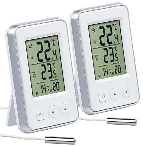 PEARL Wetterstation: 2er-Set Digitale Innen- und Außen-Thermometer mit Uhrzeit, LCD-Display (innen und Außenthermometer, Thermometer mit Kabel, Out)