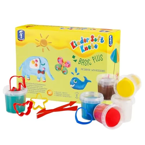 Feuchtmann KINDER SOFT KNETE Basic Plus - 6 x 150g weiche Kinderknete mit Zubehör, ungiftig, vegan und glutenfrei, lufttrocknende Knetmasse im Knetset für kreatives Spielen