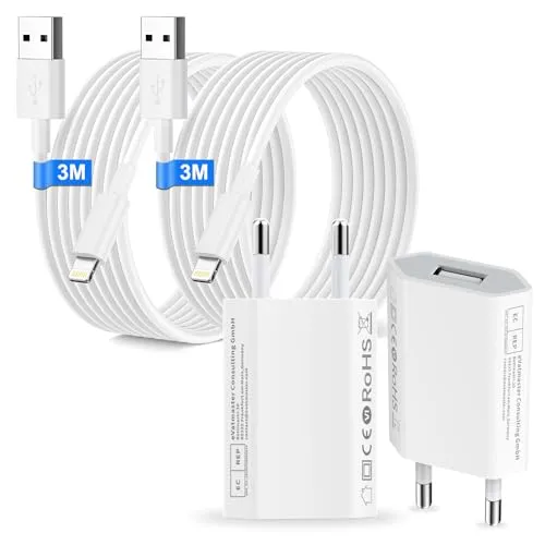 USB Ladegerät [Apple MFi Certified], 2er-Pack iPhone Ladegerät und iPhone Ladekabel für iPhone 14/13/12/11 Pro/XS Max/XR/X/8/8 Plus/7, Schnellladekabel Lightning Kabel Ladeadapter 3M mit USB Netzteil
