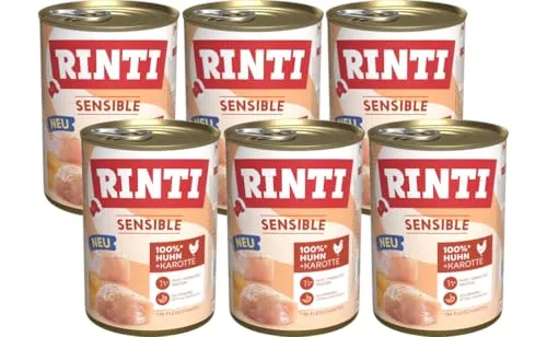 Rinti Sensible Huhn + Karotte 6 x 400g | Nassfutter für empfindliche Hunde | Nur eine tierische Proteinquelle | Glutenfrei, getreidefrei & ohne Soja | Vollnahrung