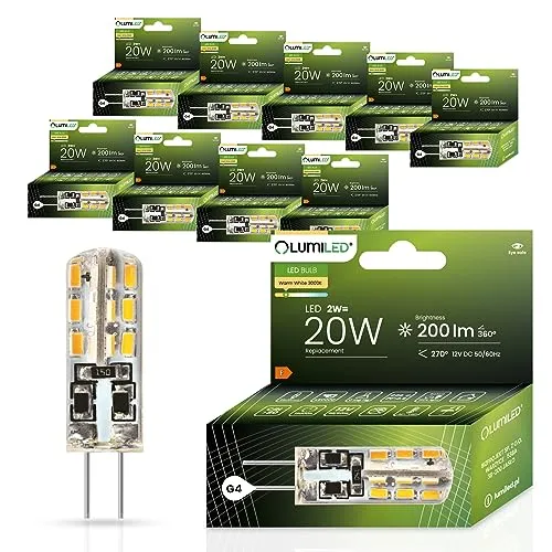 Lumiled LED Lampen G4 10er Set Leuchtmittel 2W (ersetzt 20W Glühlampe) 3000K Warmweiß 200lm 270° Lichtwinkel 12V DC Mini Glühbirnen kleine Birne Energiesparende kein Flackern SMD