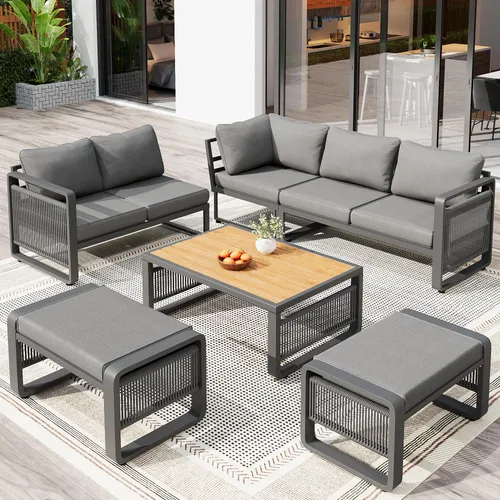 okwish Gartenlounge Set Seilflechtoptik für 6–7 Personen - Elegantes Gartenlounge Set in modernem Design mit verstellbaren Füßen, ideal für Terrasse oder Balkon. Die spritzwassergeschützten Materialien sorgen für einfache Pflege und Langlebigkeit bei jedem Wetter.
