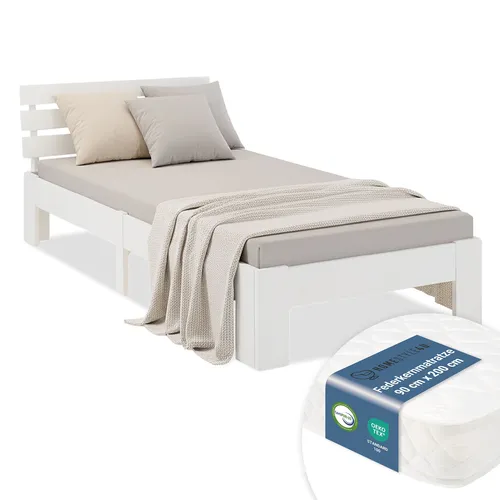 Einzelbett 90x200 Massivholz Weiß mit Federkernmatratze von Homestyle4u - Modernes Jugendbett aus massivem Holz mit inklusive Federkernmatratze. Ideal für Schlafzimmer und bietet hohen Schlafkomfort. Pflegeleicht und robust für den täglichen Gebrauch.