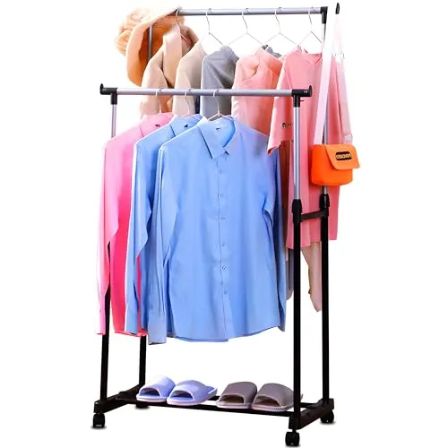 Retoo Kleiderständer, Doppel, Kleiderstange auf Rollen, mit ausziehbarer Garderobenständer, Unter Gestell für Mäntel, Röcke, Hemden, Pullover, Schwarz, Garderobenstange, Freistehender Kleiderbügel