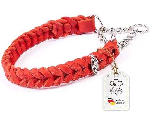 CopcoPet Fettleder Halsband 50–55cm x 25mm Rot – Geflochten mit Zugstopp-Kette – Robust & weich – Verchromte Kette – Lederhalsband für große Hunde, Training & Alltag