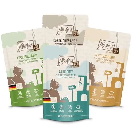 MjAMjAM - Premium Nassfutter für Katzen - Probierpaket Purer Fleischgenuss 1 125g, 12er Pack (12 x 125g), naturbelassen mit extra viel Fleisch