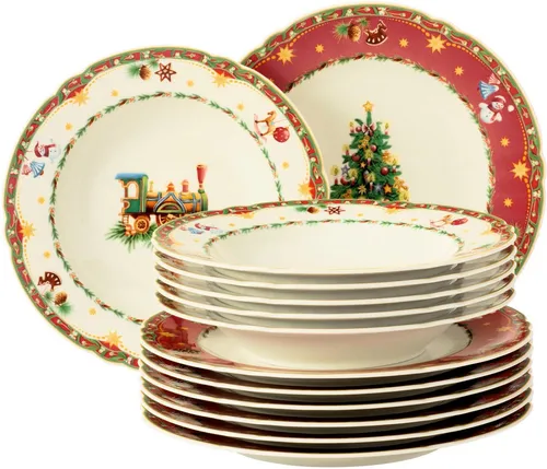 Seltmann Weiden Tafelservice Teller Set Weihnachten, 12-teilig für 6 Personen - Elegantes Porzellan Geschirr-Set mit weihnachtlichem Tannenbaum-Motiv, spülmaschinenfest und hitzebeständig – perfekt für festliche Anlässe.