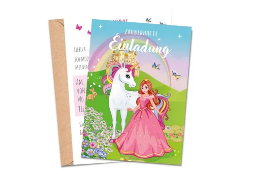 MeinBaby123® Einladungskarten 10 Einladungskarten Kindergeburtstag, Prinzessin mit Pferd, Süßes Prinzessinnen Motiv