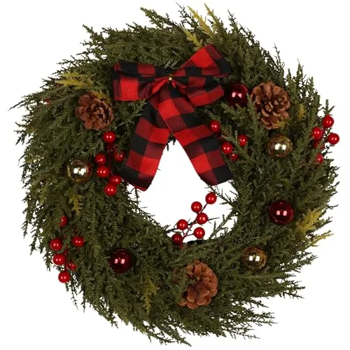 Grüner Weihnachtskranz, batteriebetriebene LED-Beleuchtung, mit Schleife, Weihnachtsdekoration 40 cm (A)