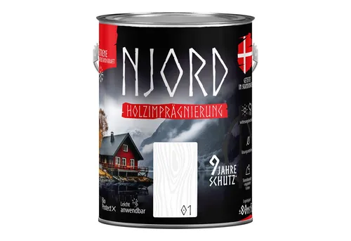 NJORD Holzgrundierung 5L - Nordschnee - Hochwertige Holzgrundierung für dauerhaften Schutz bis zu 9 Jahre. Resistenz gegen Feuchtigkeit, Pilze und extreme Wetterbedingungen. Natürliche matte Beschichtung in skandinavischen Farben für individuelle Gestaltung.