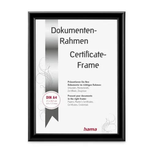 Hama Bilderrahmen Swing, 21x29,7cm (ideal für Urkunden und Dokumente in DIN A4, moderner Kunststoffrahmen, für Hochformat, für Querformat, zum Hängen/Hinstellen, Reflex Glas, Dokumentenrahmen) schwarz