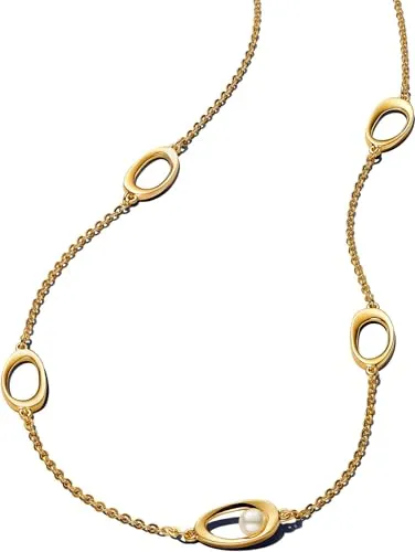 Pandora Essence Halskette mit Süßwasserzuchtperle - Ketten für Damen, elegante 14 Karat vergoldete Halskette mit organisch geformten Ovalen und leuchtend weißer Süßwasserzuchtperle, ideal für den Alltag.