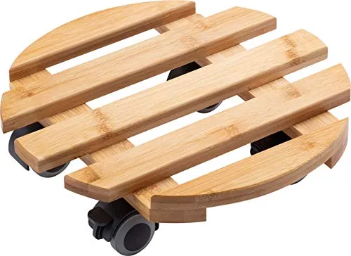 Metafranc Pflanzenroller Ø 300 mm - 60 kg Tragkraft - Bambus-Platte - Natürlicher Holz-Look - TPE-Rollen mit 4 Feststellern / Indoorroller / Blumenroller / Transporthilfe für Pflanzen / 825330