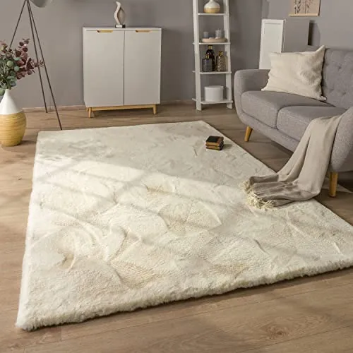 Paco Home Hochflor Teppich Wohnzimmer Schlafzimmer Modern Flauschiger Fellteppich Fell Imitat Kunstfell Langflor, Grösse:60x100 cm, Farbe:Creme