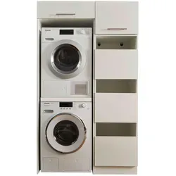 LAUNDREEZY Waschmaschinenschrank für Trockner und Waschmaschine - Podeste & Rahmen für Waschmaschinen – Platzsparender Überbauschrank für effiziente Raumnutzung mit drei Türen zur Wäschesortierung, ideal für Ihr Zuhause.