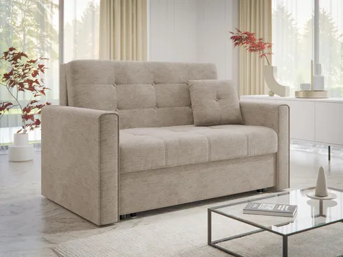 MIRJAN24 Schlafsofa Viva Lux II - Stilvolles Polstersofa mit Schlaffunktion - Beige Zweisitzer mit praktischer Schlaffunktion und Bettkasten. Ideal für kleine Räume, bietet Komfort und Platz für Ihre Gäste. Maße: 133x98x85 cm, Schlaffläche: 196x112 cm.