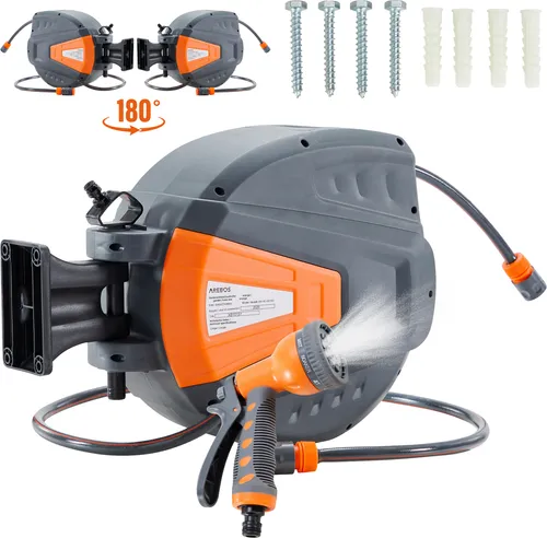 Arebos Schlauchaufroller 30 m - Schlauchtrommel mit 9 Sprühfunktionen, 180° schwenkbar und automatischem Aufrollmechanismus, ideal für müheloses Bewässern im Garten.