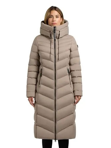 khujo Damen warmer Winter Steppmantel lange Winterjacke Wintermantel mit verstellbarer Kapuze Stoane2 Greige Gr. L